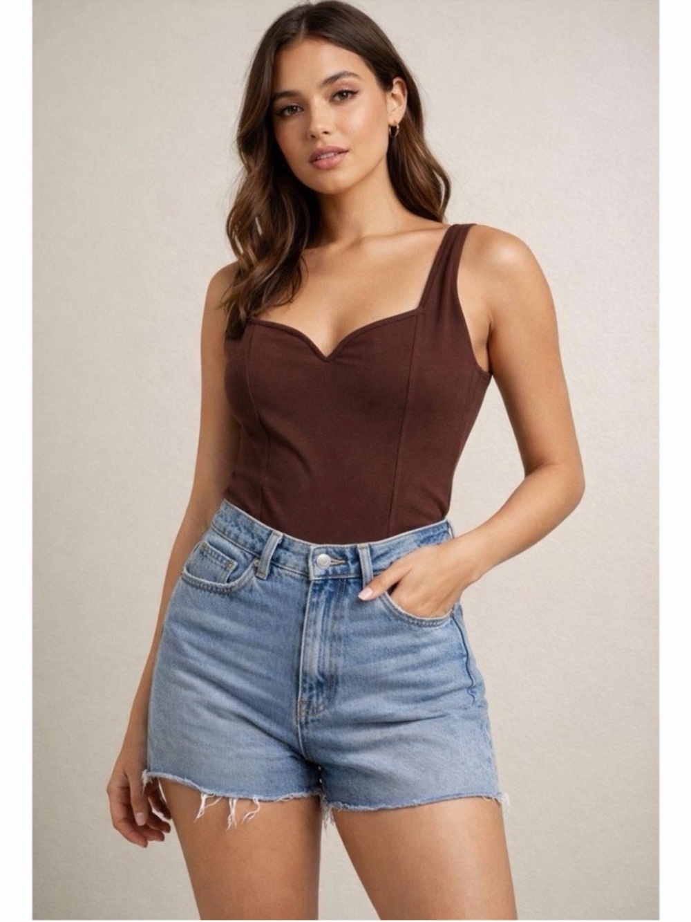 Abercrombie & Fitch Brown Sweetheart Neck Bodysuit